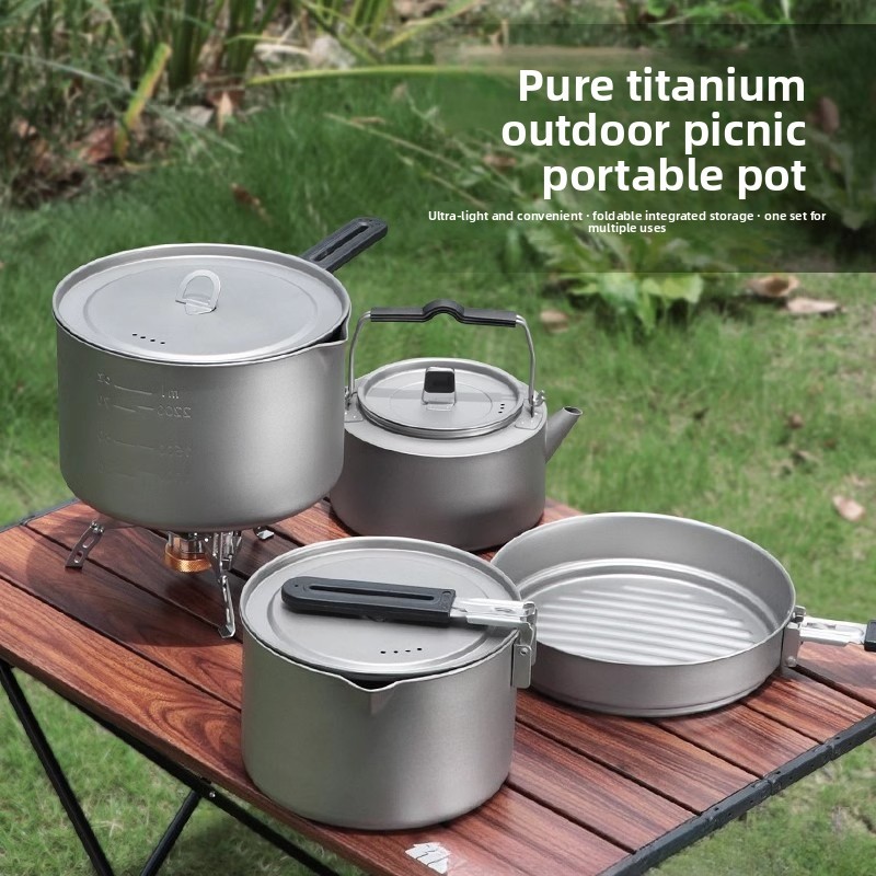 Camping Cooking Set Lightweight - Lightweight Pure Titanium Pot Set, Outdoor